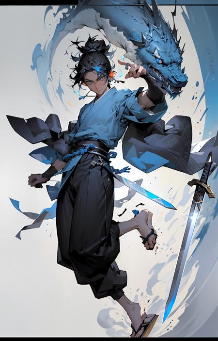 04759-743795245-letterboxed,blue theme,  male_focus, black_hair, weapon, solo, blue_eyes, sandals, 1boy, japanese_clothes, sword, illustration.m.png